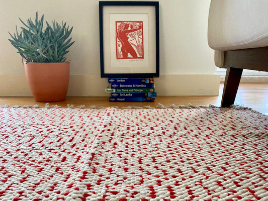 Red and white rug