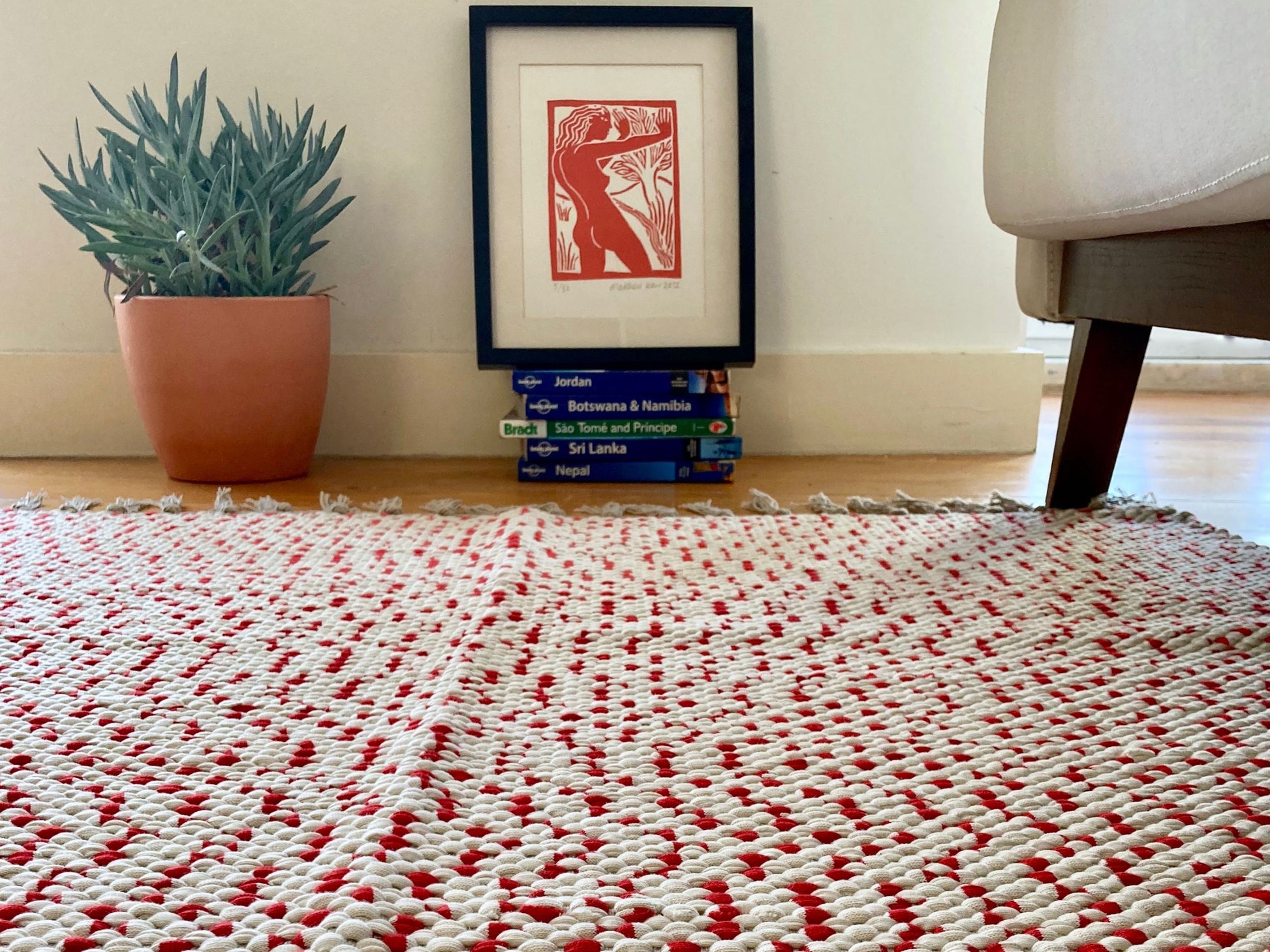 Red and white rug