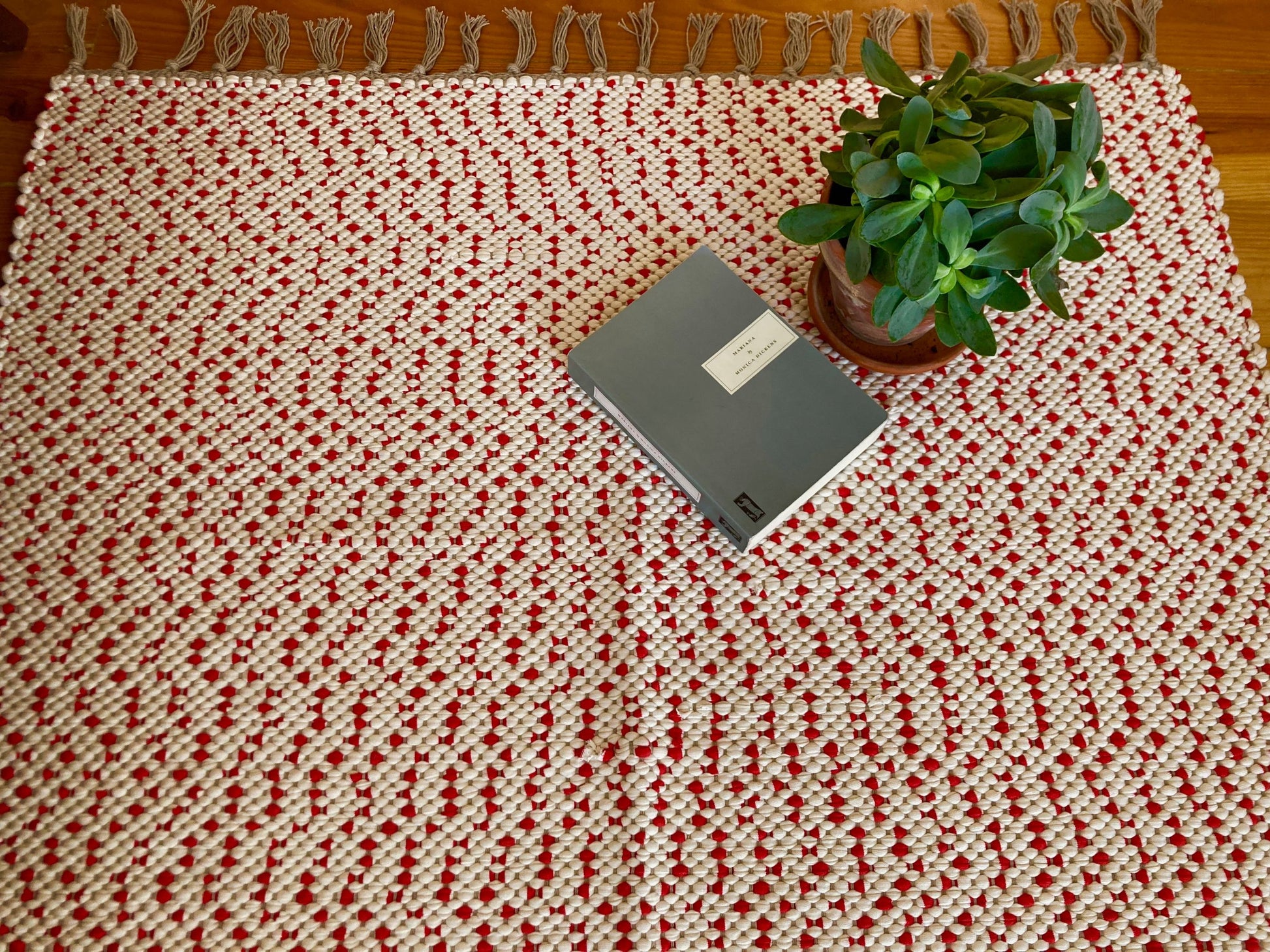 Red and white rug